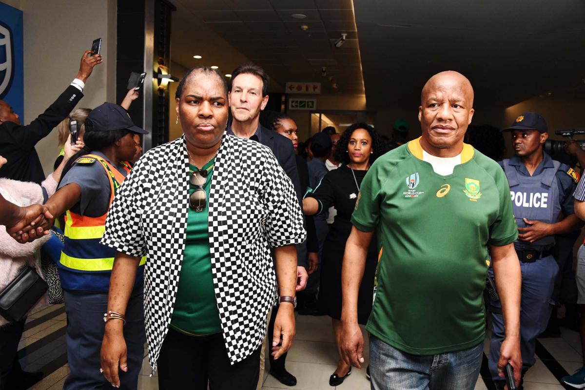 Minister Jackson Mthembu and Deputy Minister Noncedo Mafu at OR Tambo International Airport to welcome the Spingboks after the 2019 Rugby World Cup Yokohama in Japan.